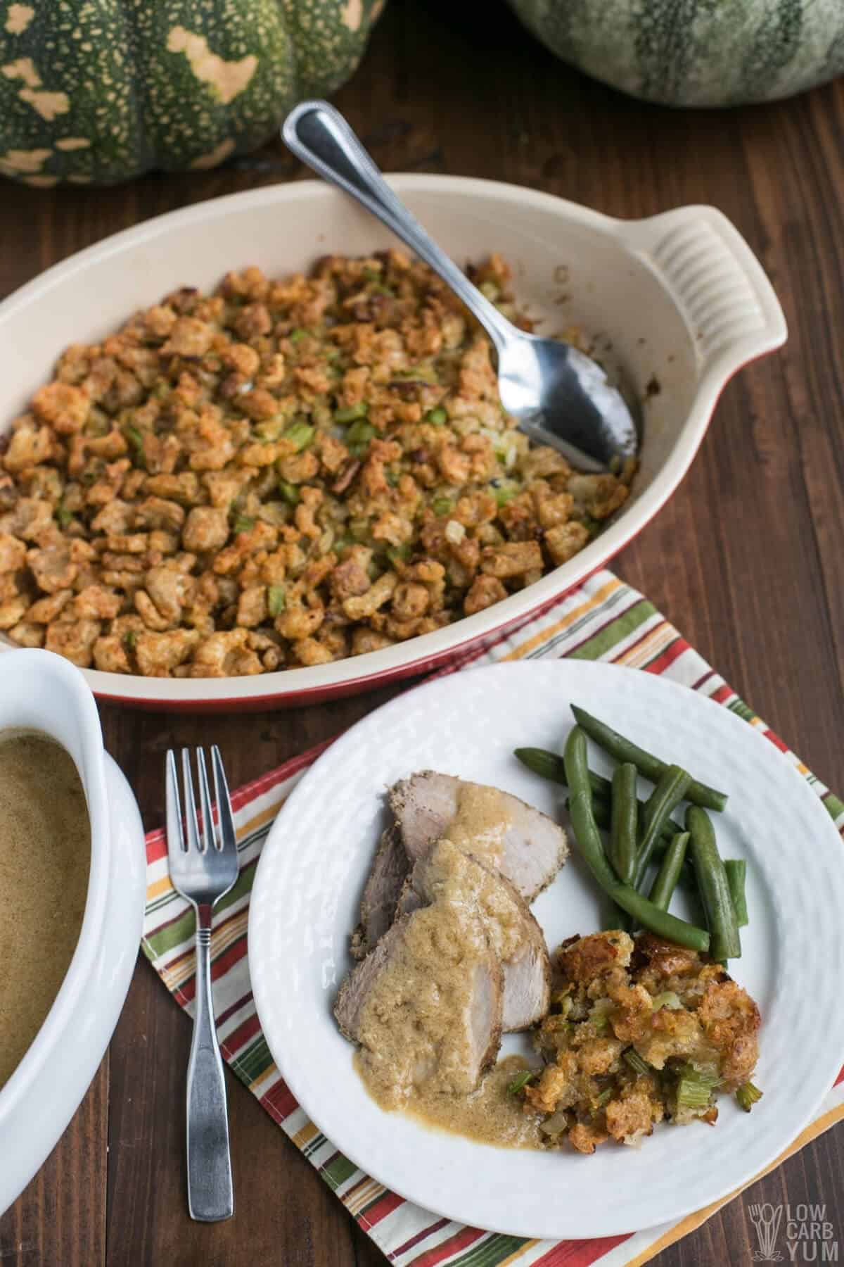 serving the stuffing for Thanksgiving dinner