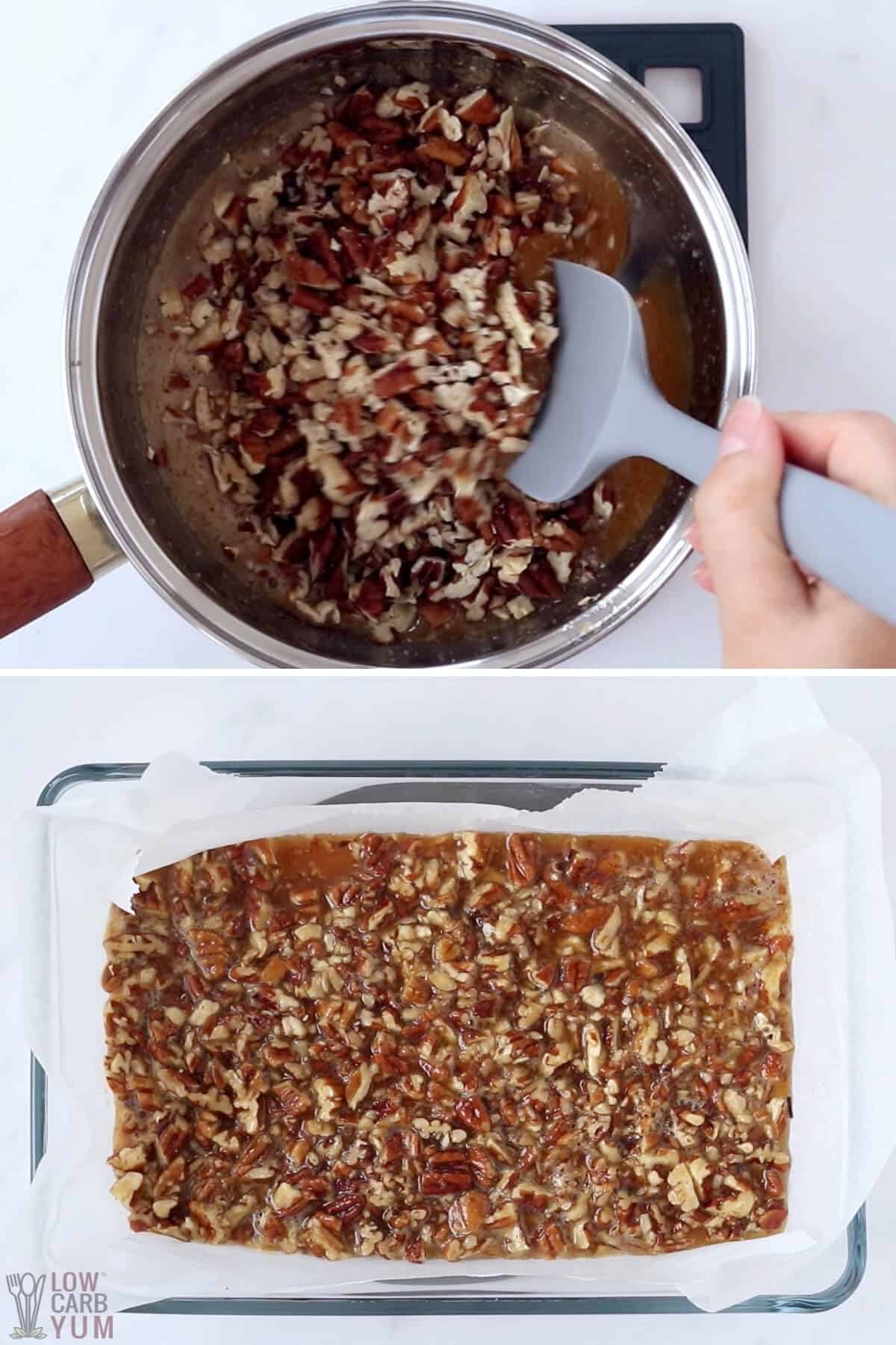 adding pecans to filling and spreading over crust