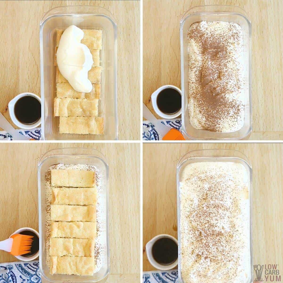 assembling the tiramisu in glass bread loaf pan