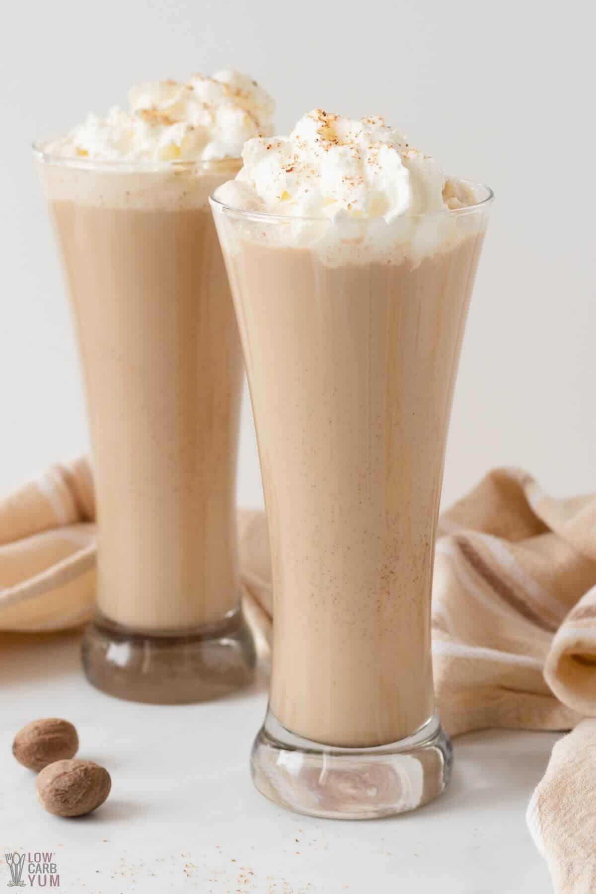 tall image of two sugar free eggnog latte glasses