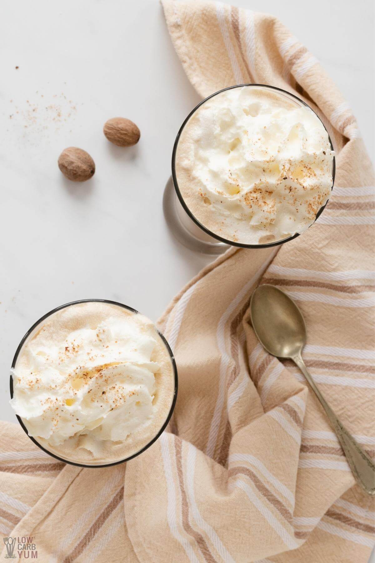 top view of sugar free coffee drink topped with keto whipped cream