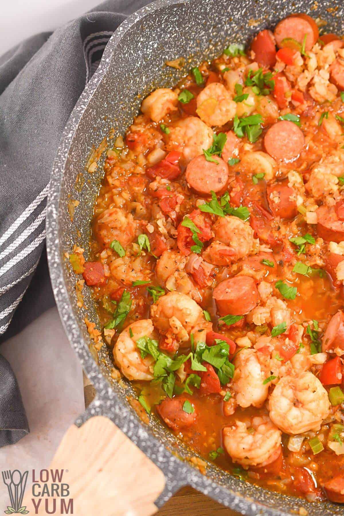 cauliflower rice jambalaya in skillet