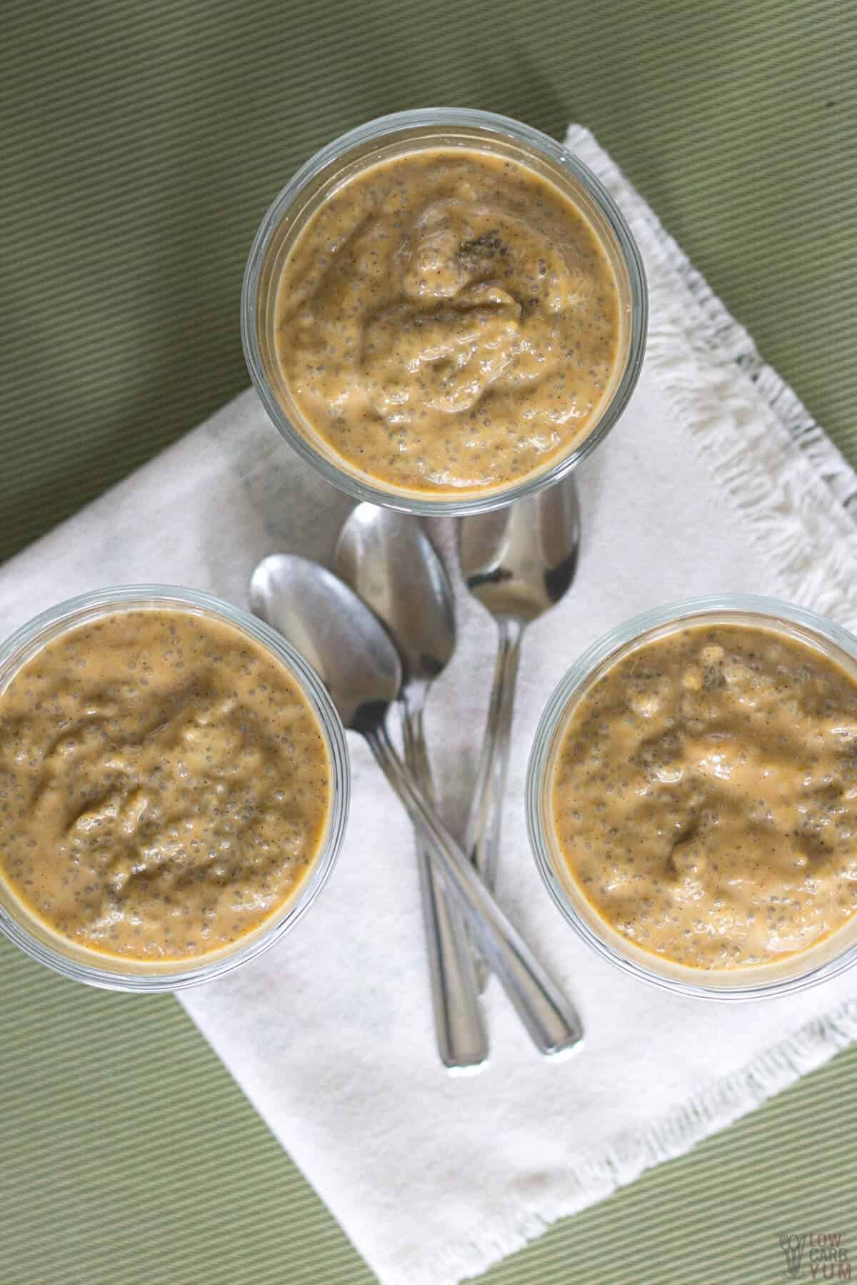 pumpkin pie keto chia pudding in glass dessert dishes