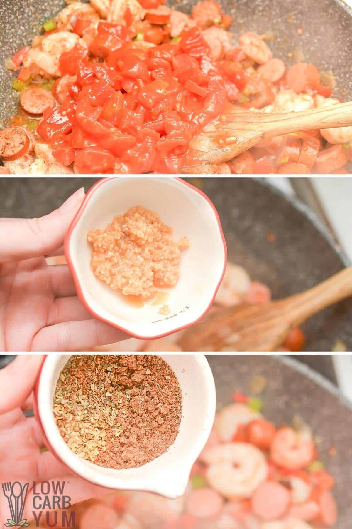 adding tomato garlic and seasoning to skillet