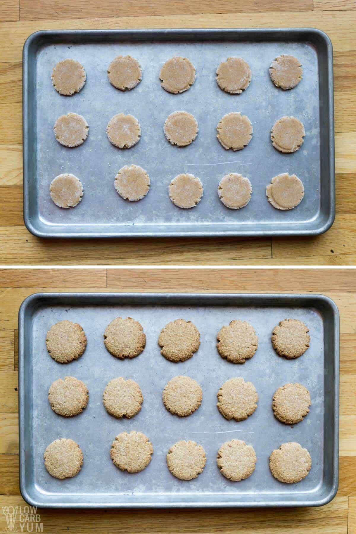 flattened dough balls and baked cookies on baking sheet
