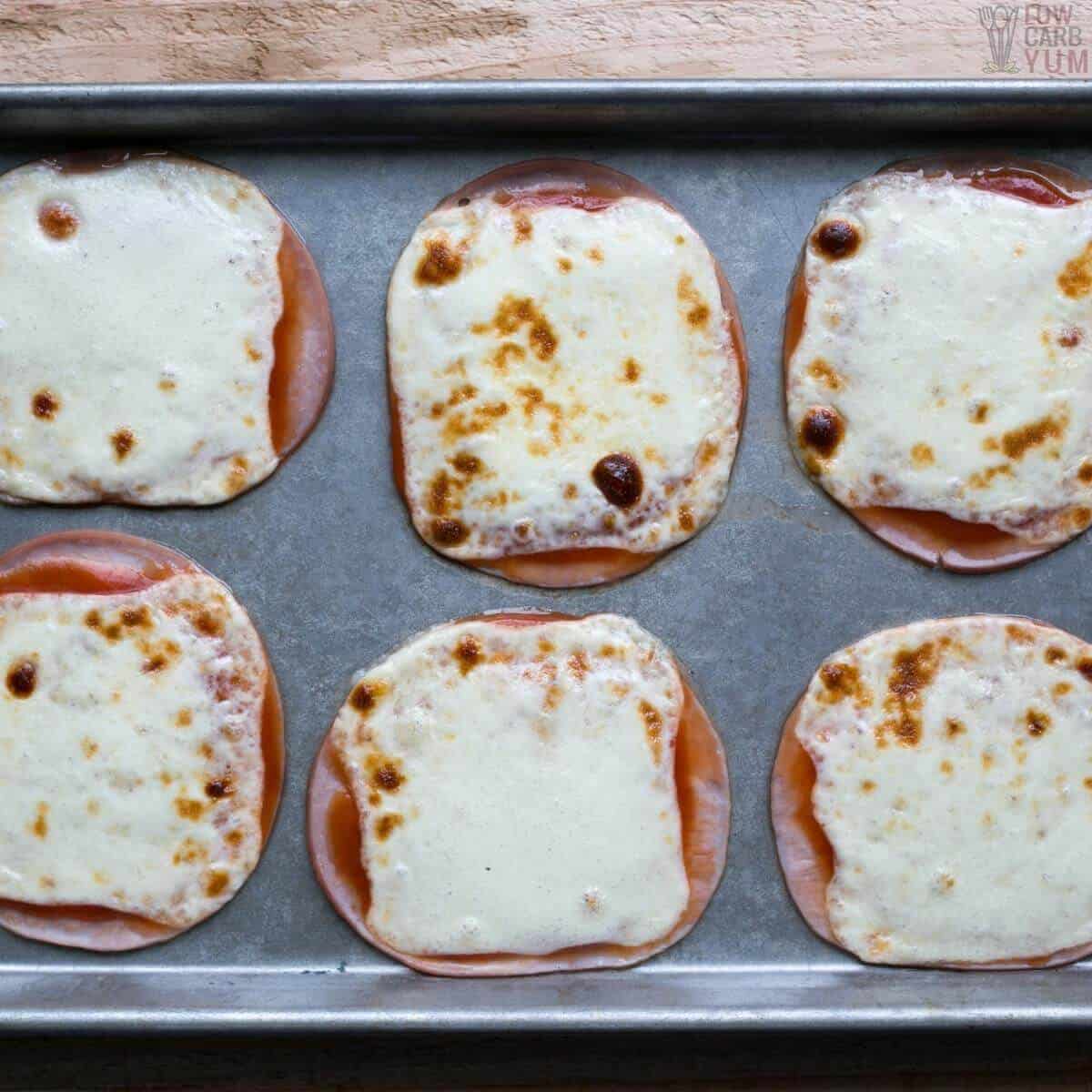 baked crustless pizza on baking sheet