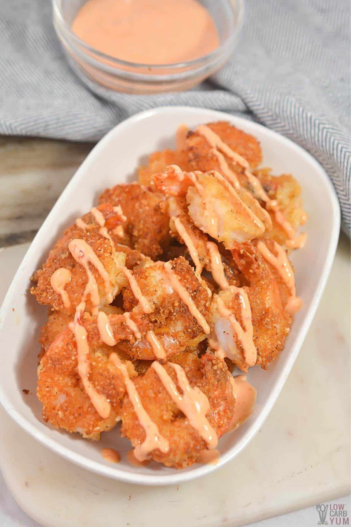 overhead image of bang bang shrimp with sauce