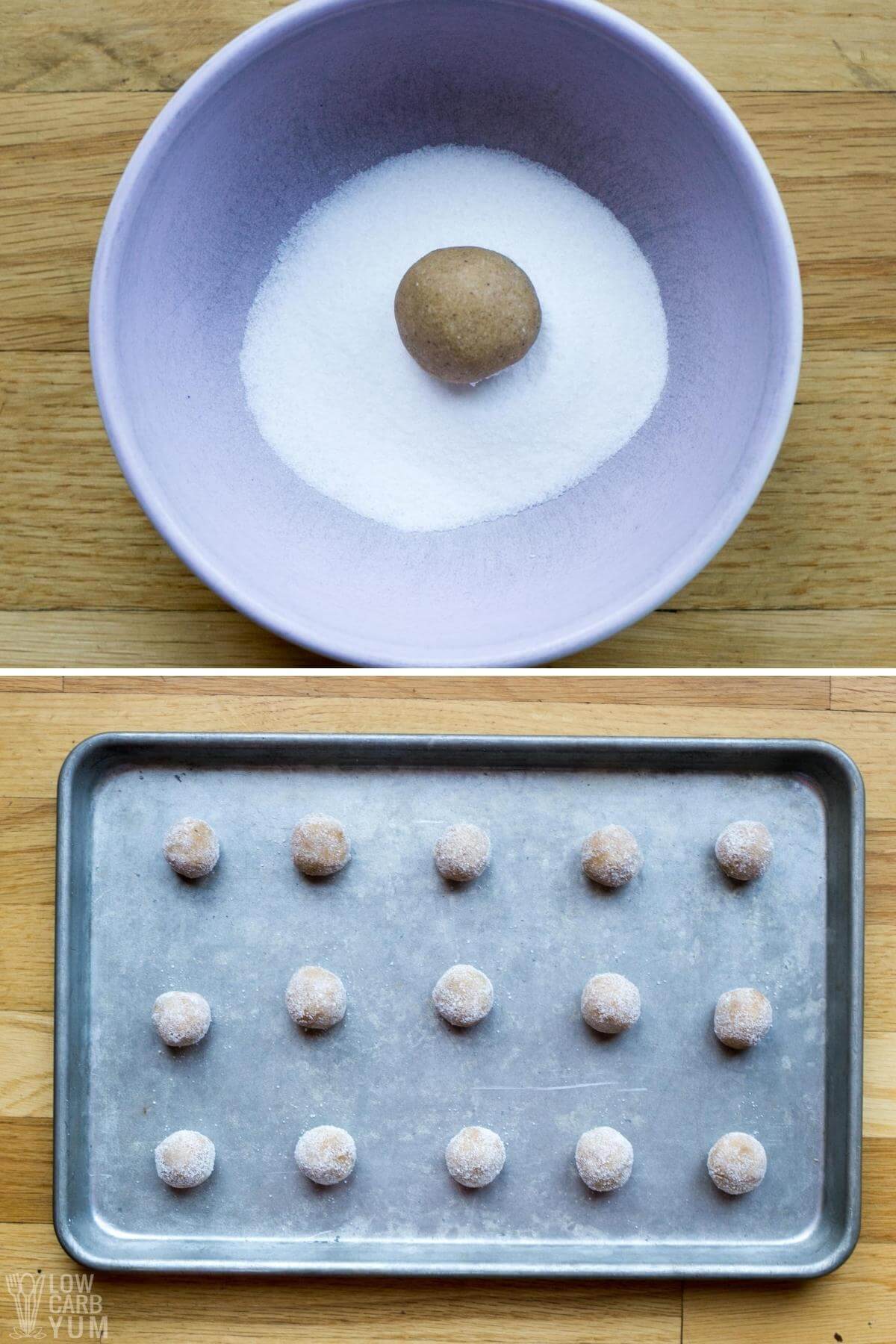 rolling dough ball in sweetener and dough balls on cookie sheet