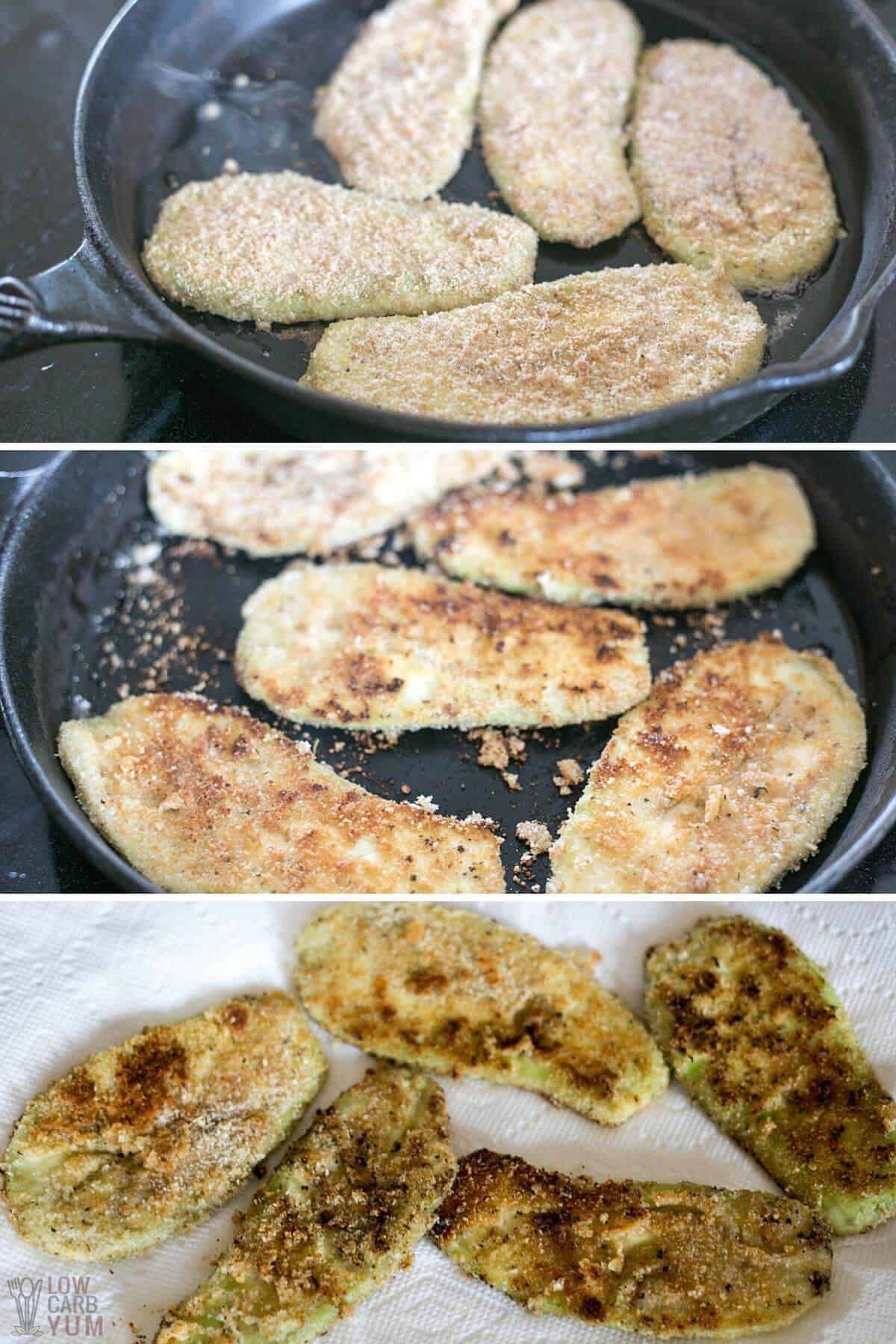 frying the breaded eggplant slices in skillet
