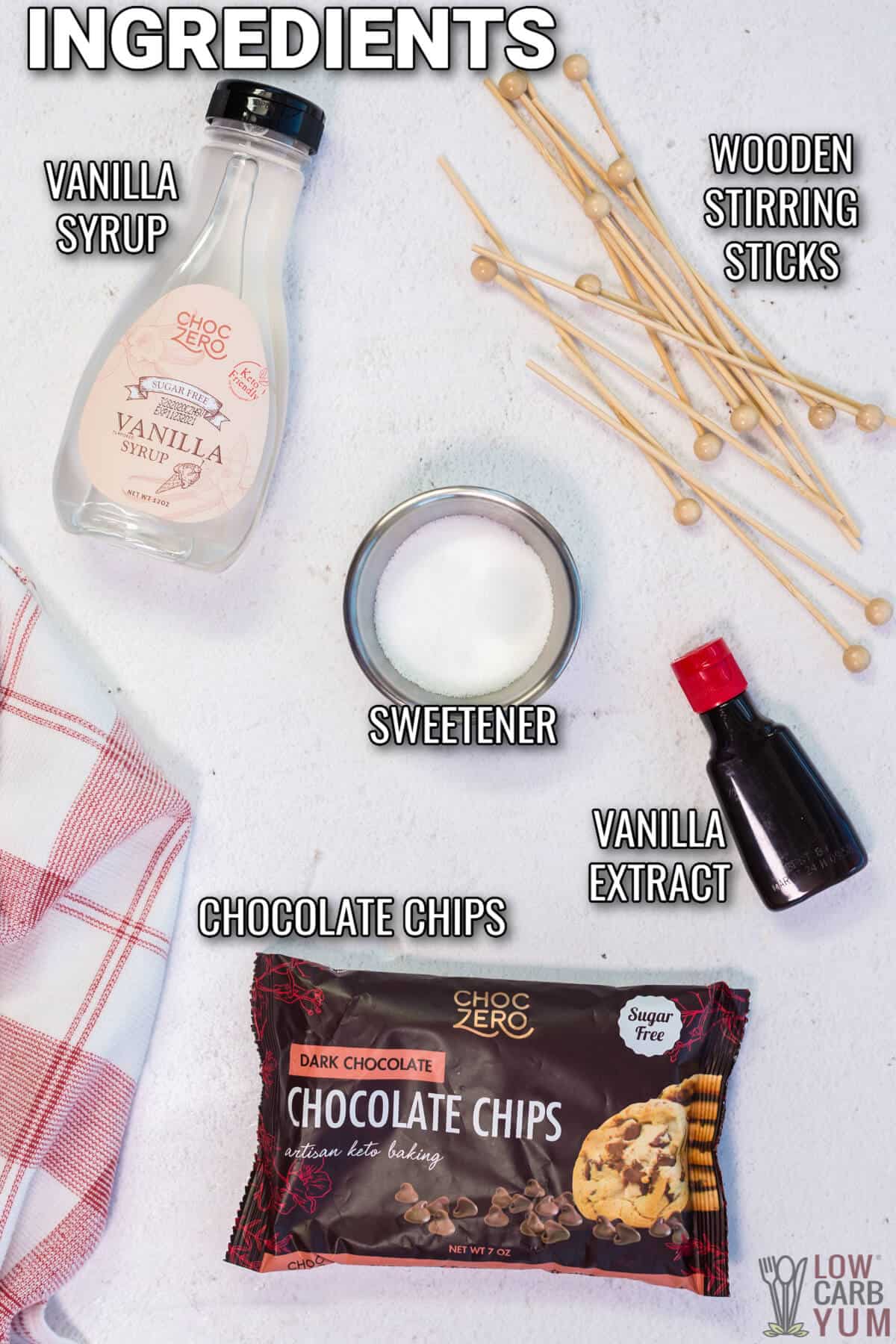 ingredients for keto hot chocolate stirrers