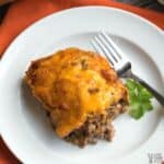 keto cheeseburger casserole slice on white plate