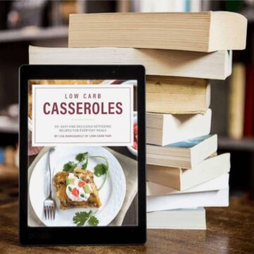 low carb casseroles recipe eBoook with pile of books