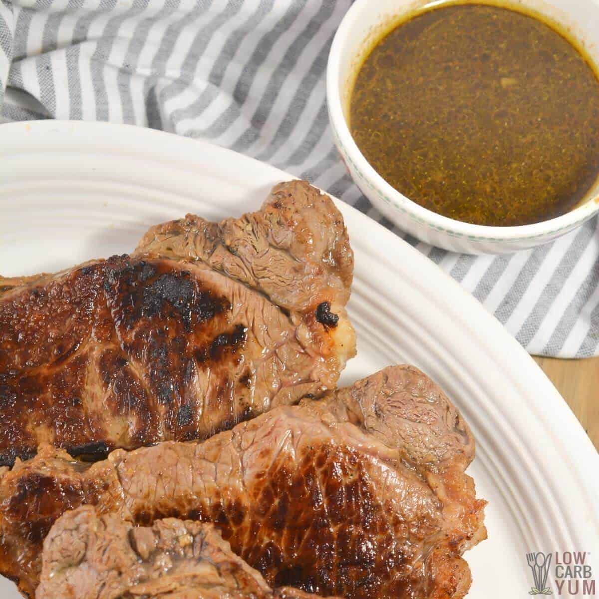 steak marinade with cooked steaks