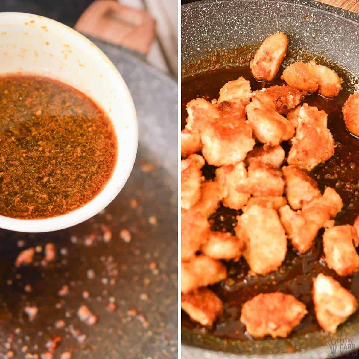 thicken sauce and add chicken to skillet
