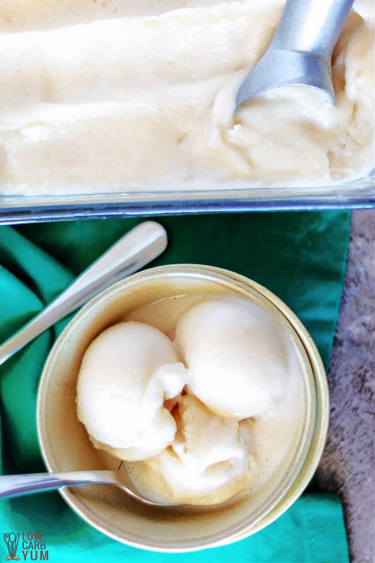 three scoops in bowl with scooper in tub