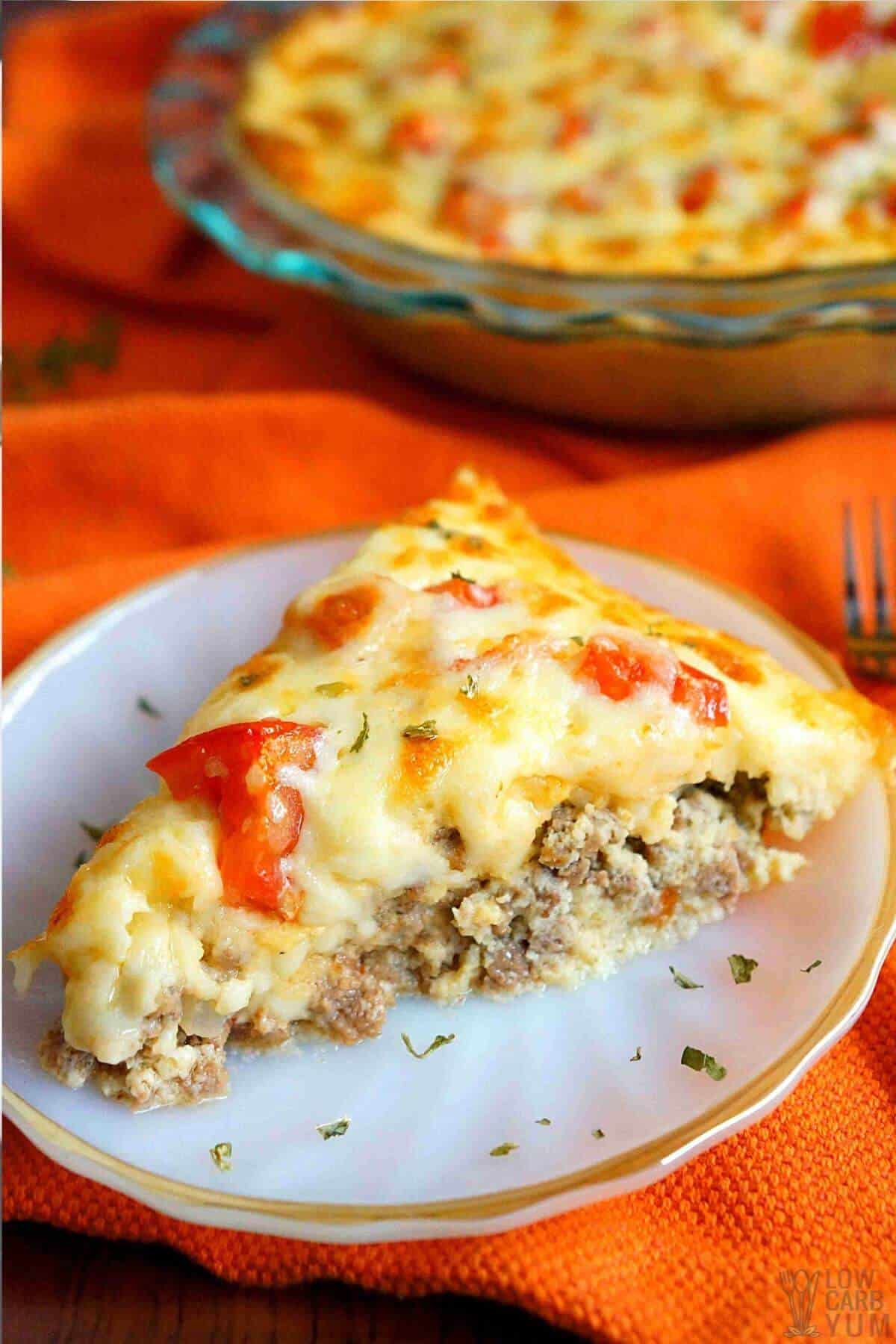 slice of cheeseburger pie on white plate