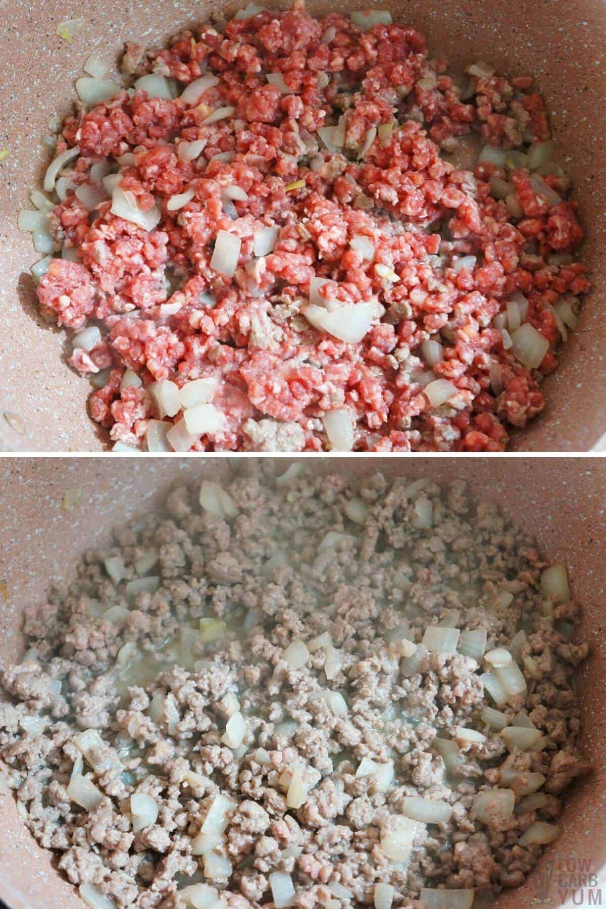 browning the ground beef with chopped onions