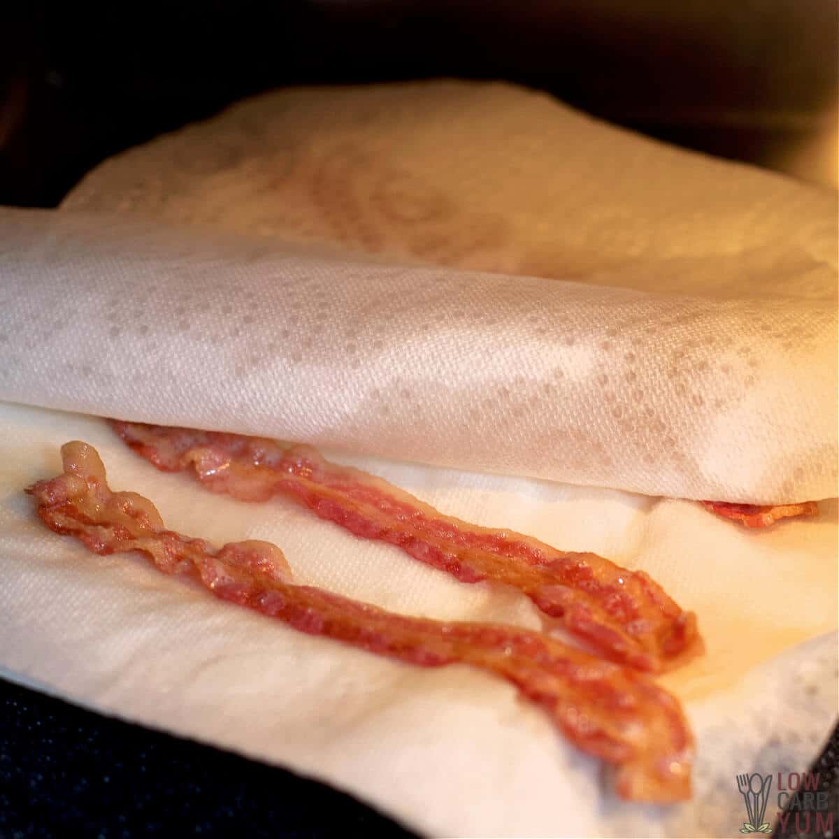 cooked bacon between paper towel layers in microwave