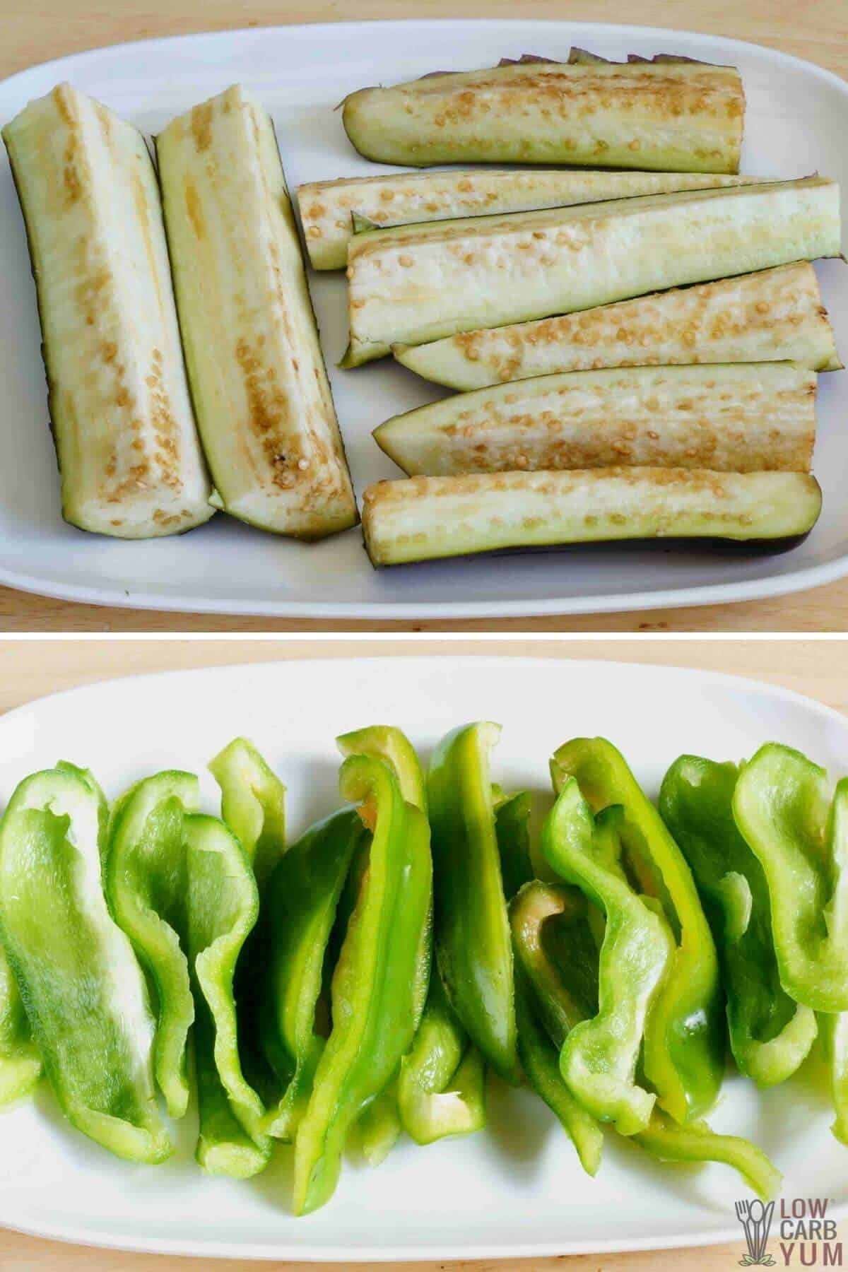 cut eggplant and green peppers