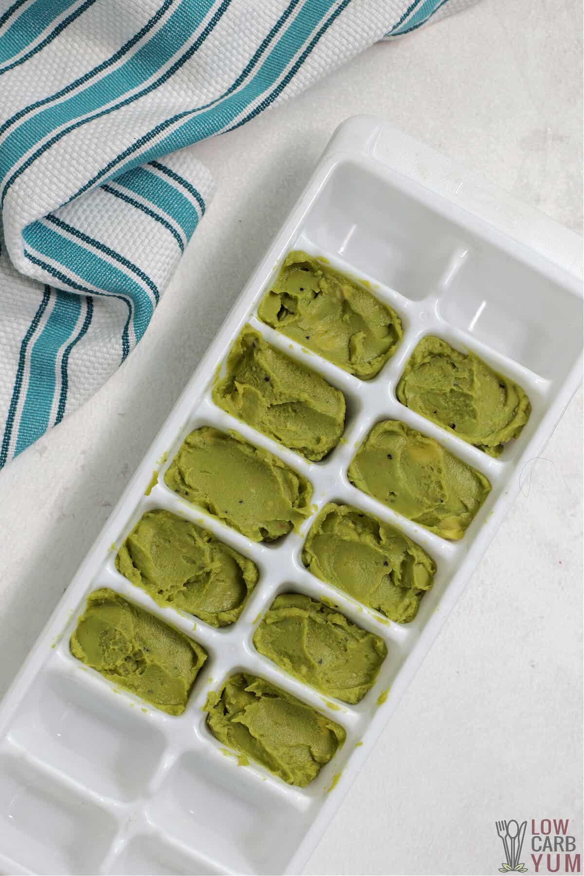 pureed avocado in ice cube tray