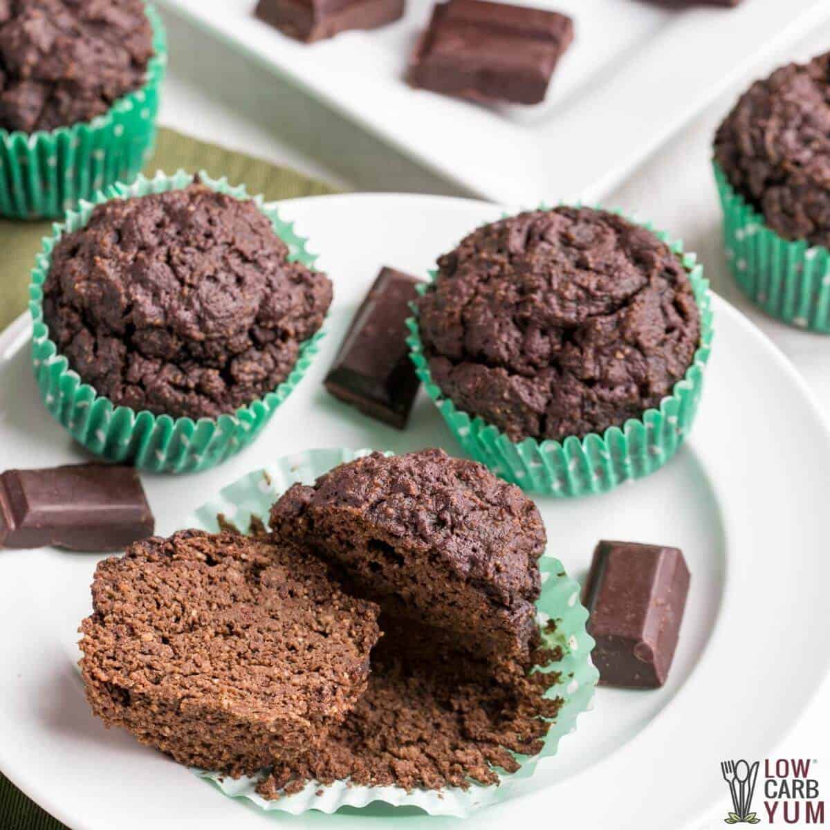 keto double chocolate muffins on white plate