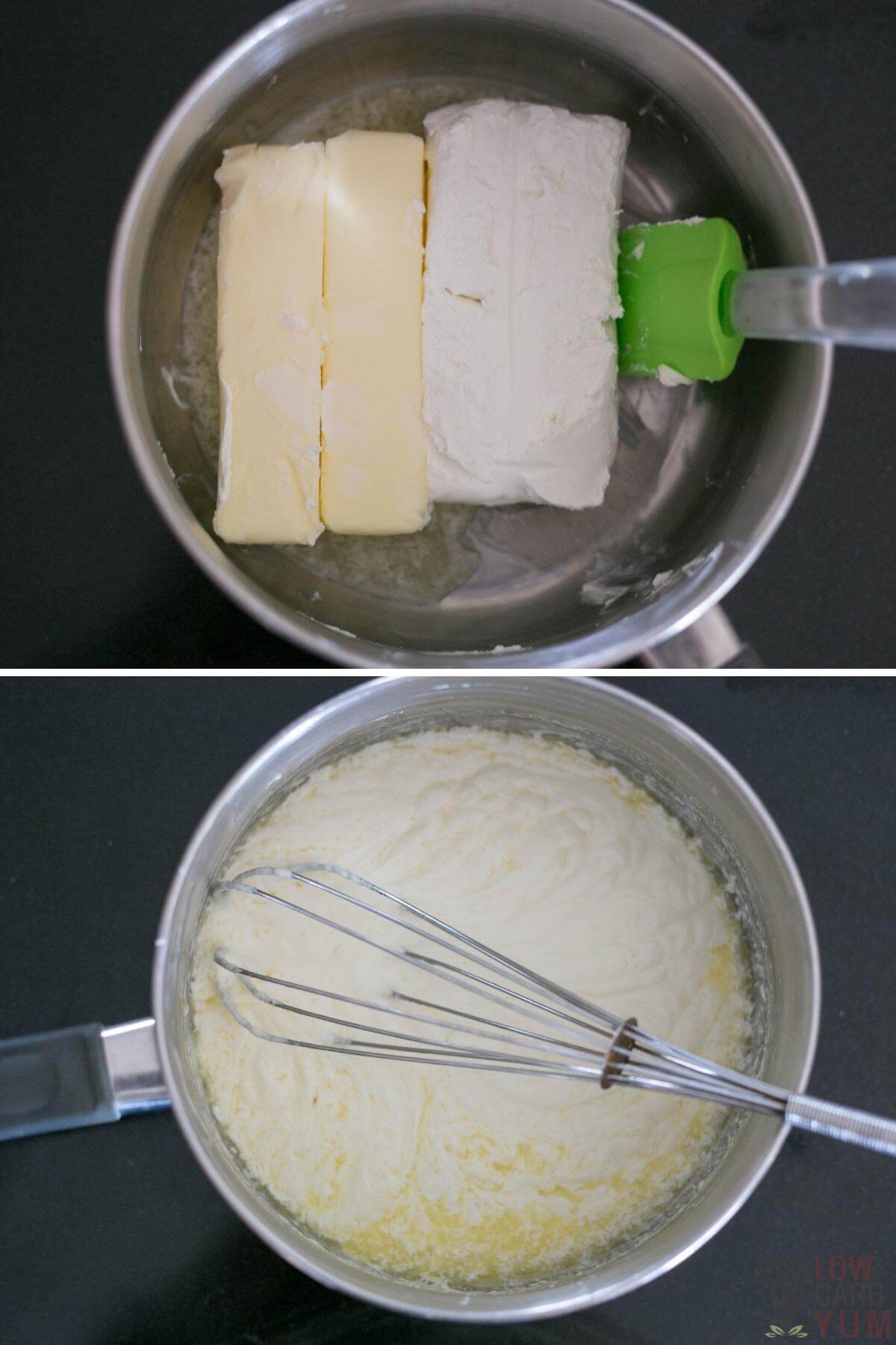 melting the butter and cream cheese for keto fudge