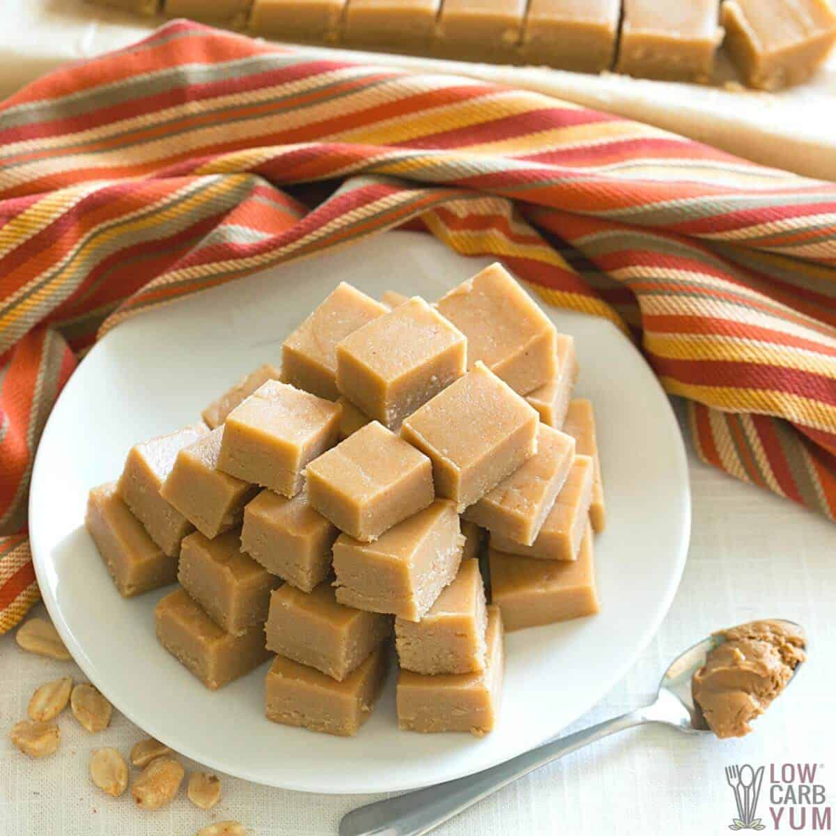 peanut butter fudge on round white plate