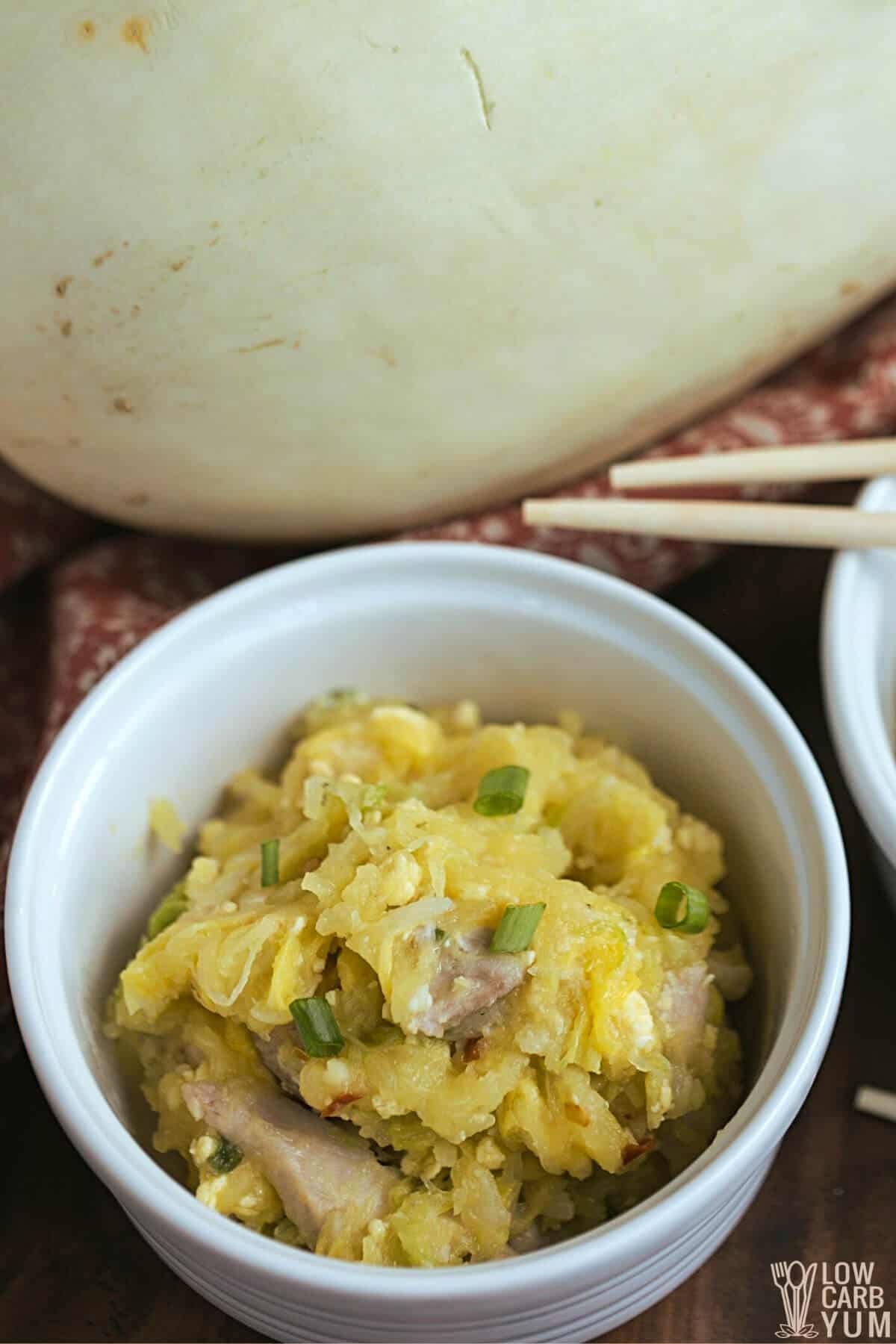 spaghetti squash pad thai in ramekin with squash in back