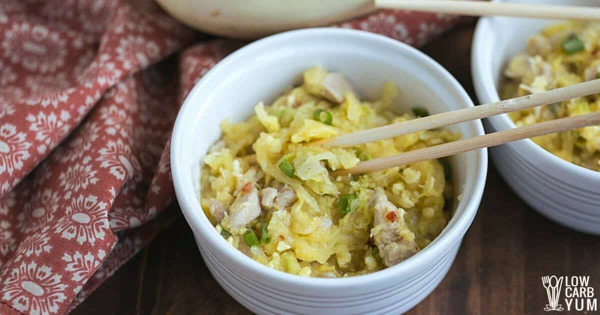 spaghetti squash pad thai in ramekin with chopsticks