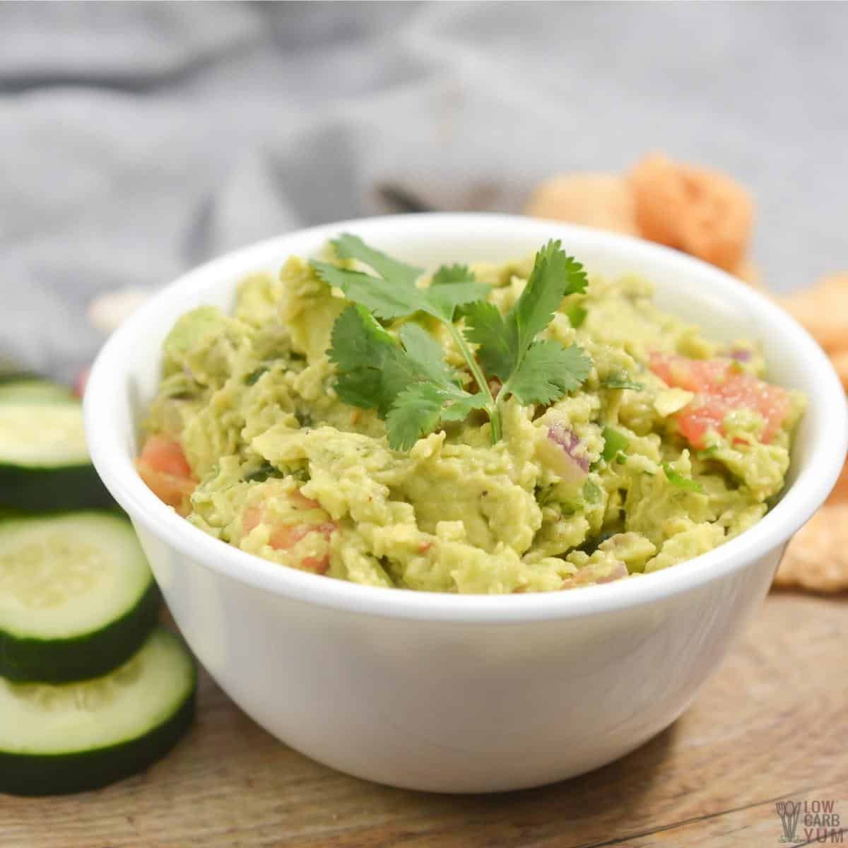 guacamole in a small white bowl.