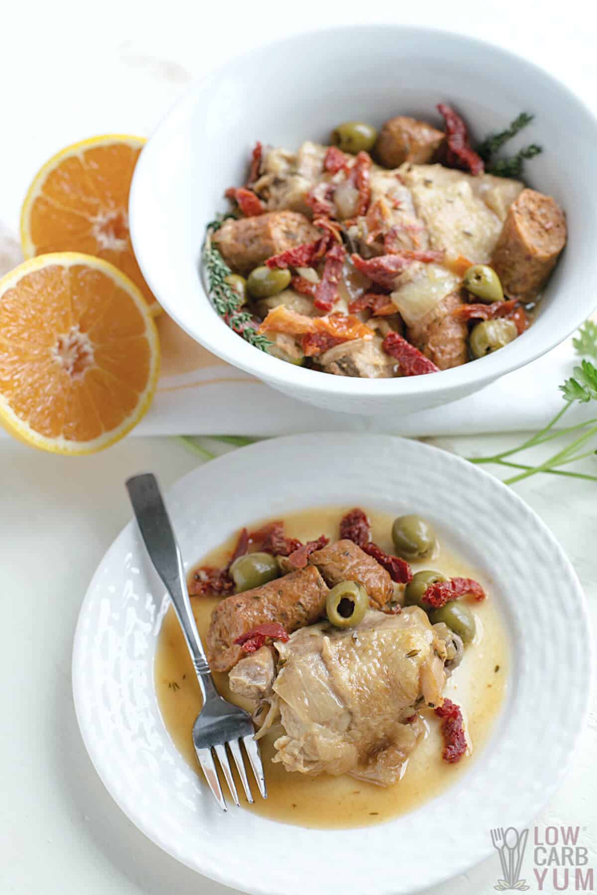 citrus herb chicken chorizo on plate and serving bowl