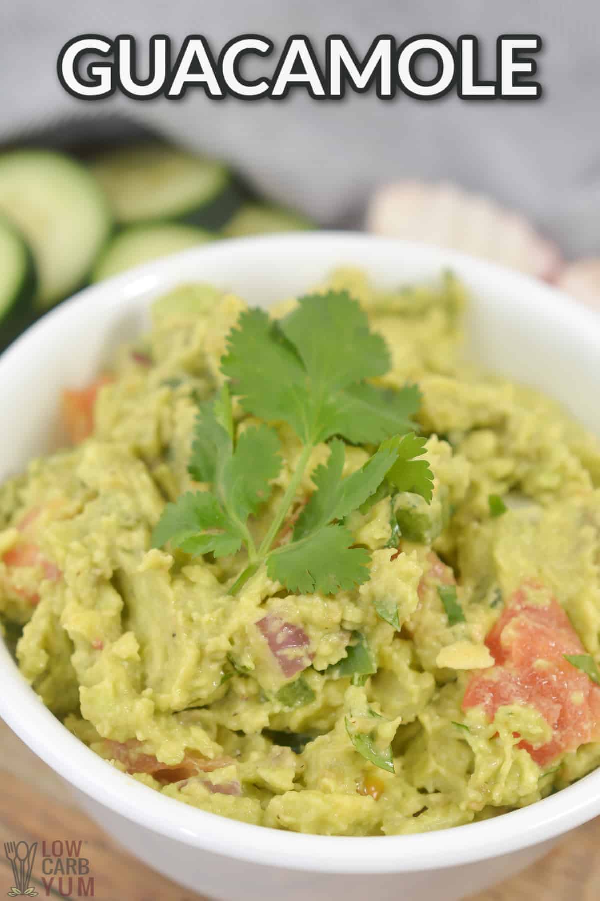 guacamole in white bowl with text overlay.