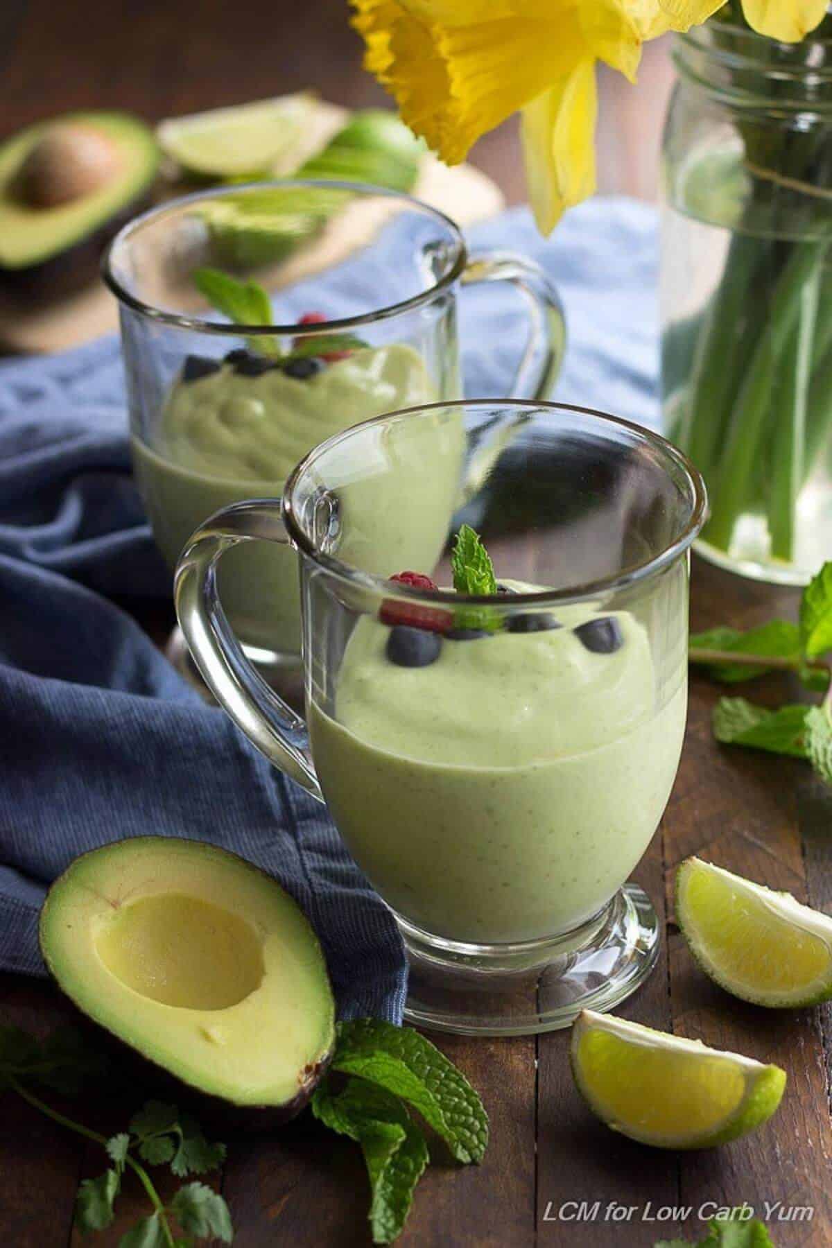 keto green smoothie in glass mugs.