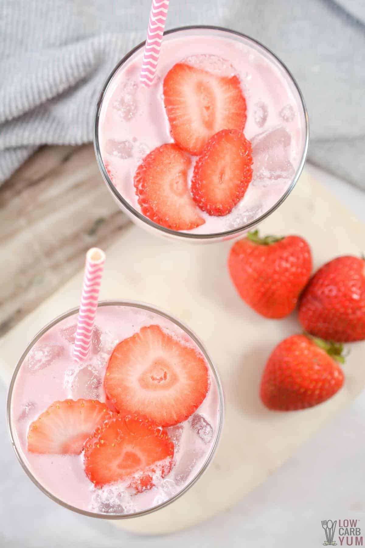 overhead look at pink drink in glasses.