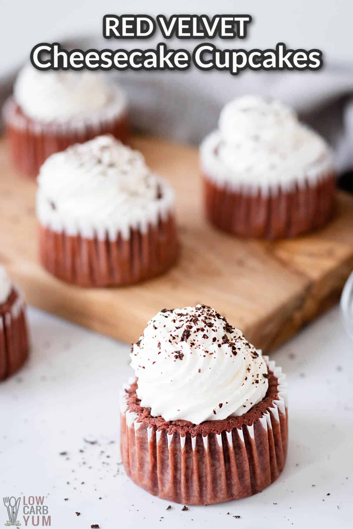 red velvet cheesecake cupcakes recipe image with text overlay