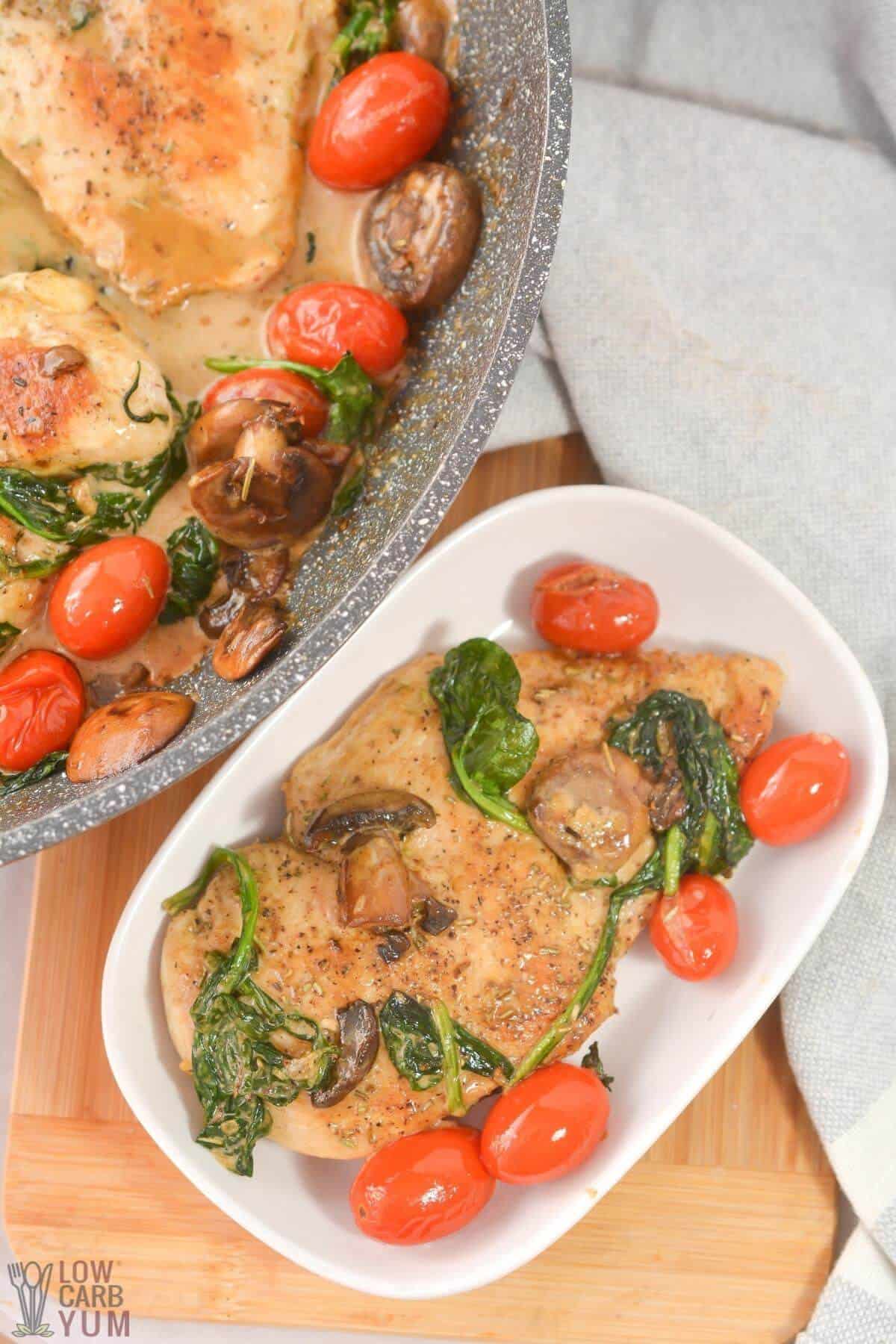 tuscan chicken in skillet and serving dish