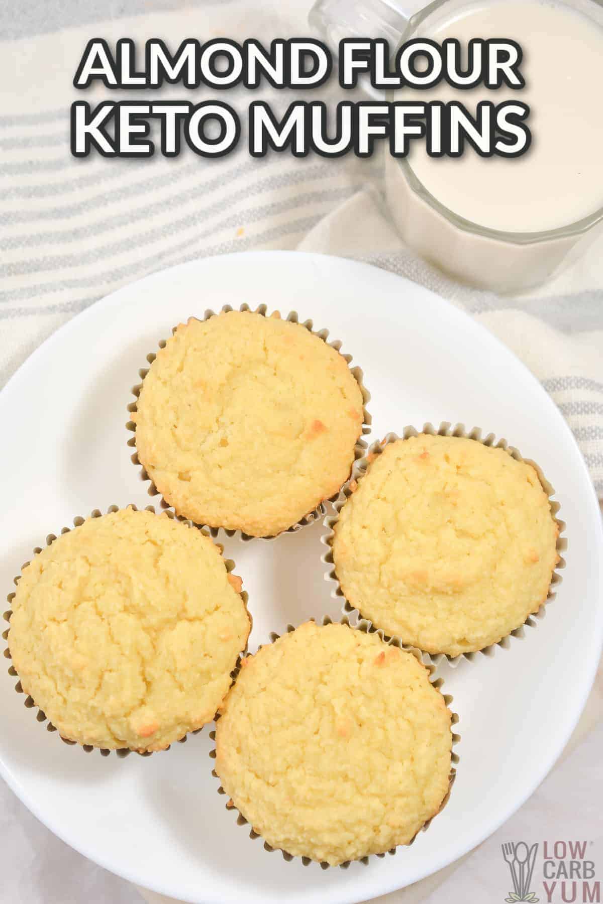 almond flour muffins on white plate with text overlay.