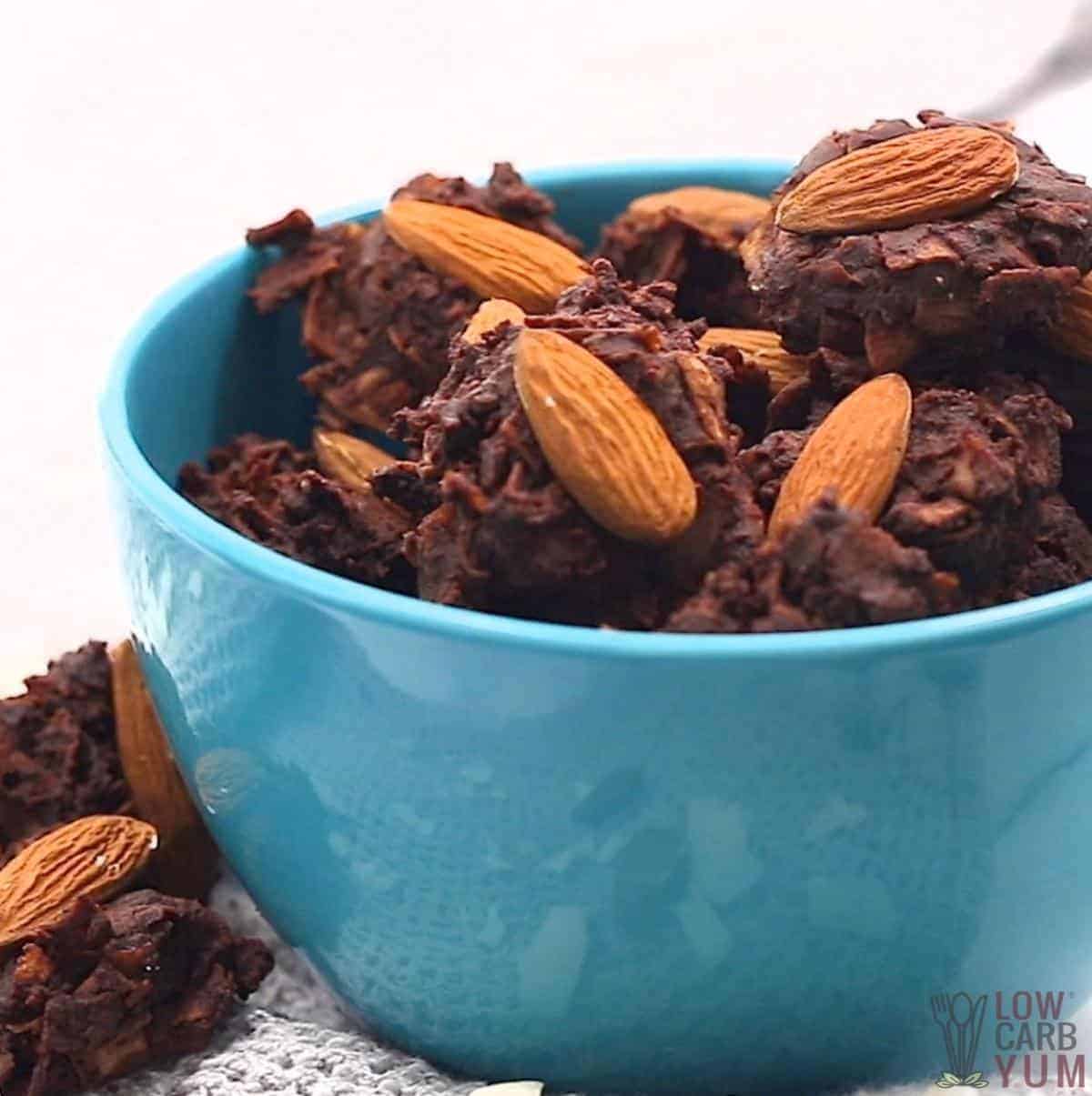 coconut chocolate candy in blue bowl.