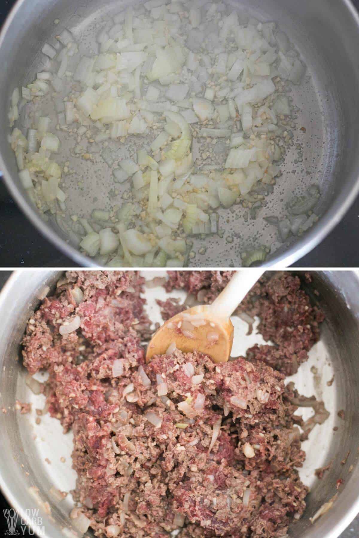 cooking garlic onion and ground beef.