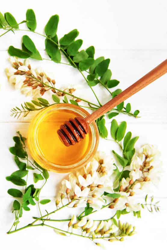 honey in jar with dipper leaves and flowers