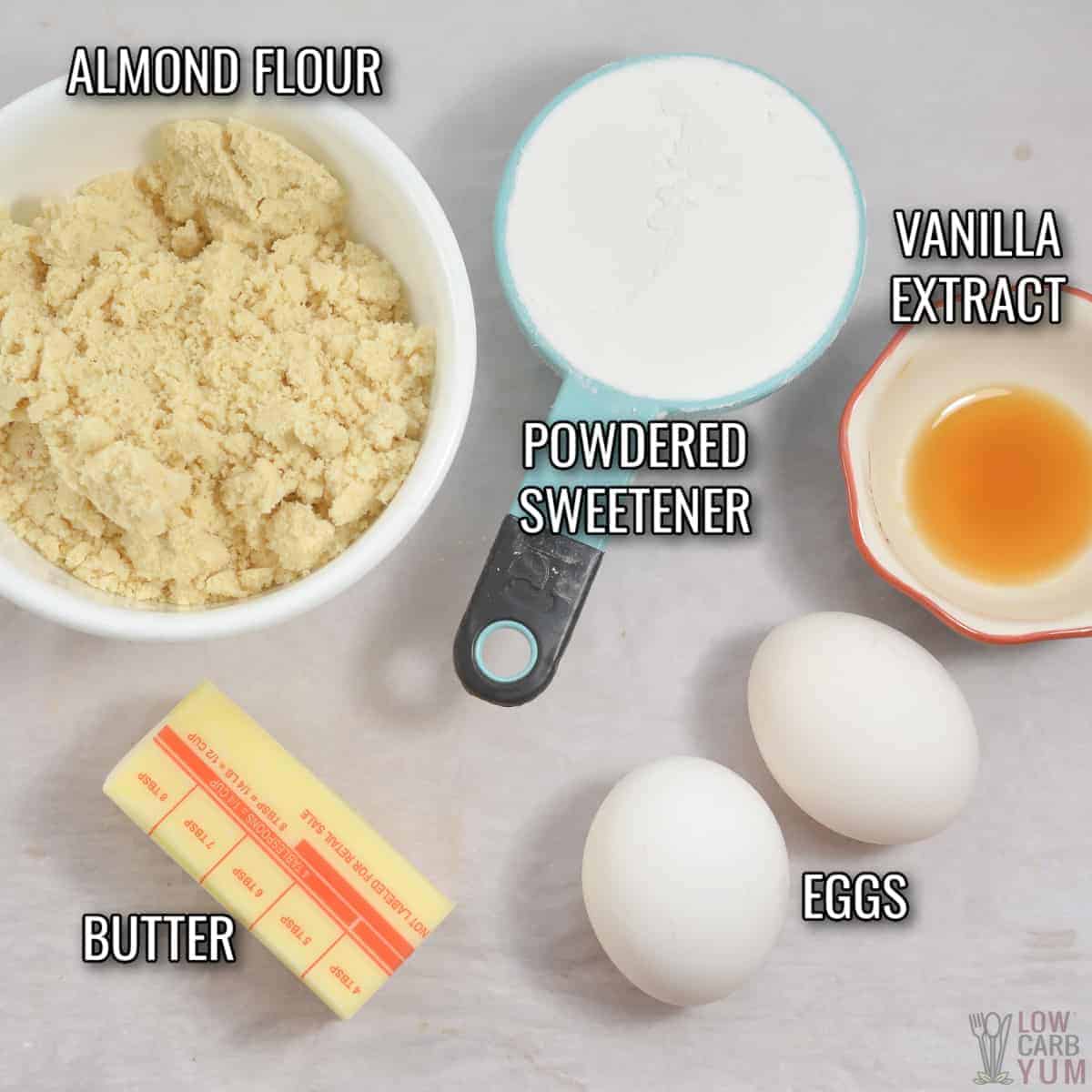 baking ingredients including butter, eggs and vanilla extract
