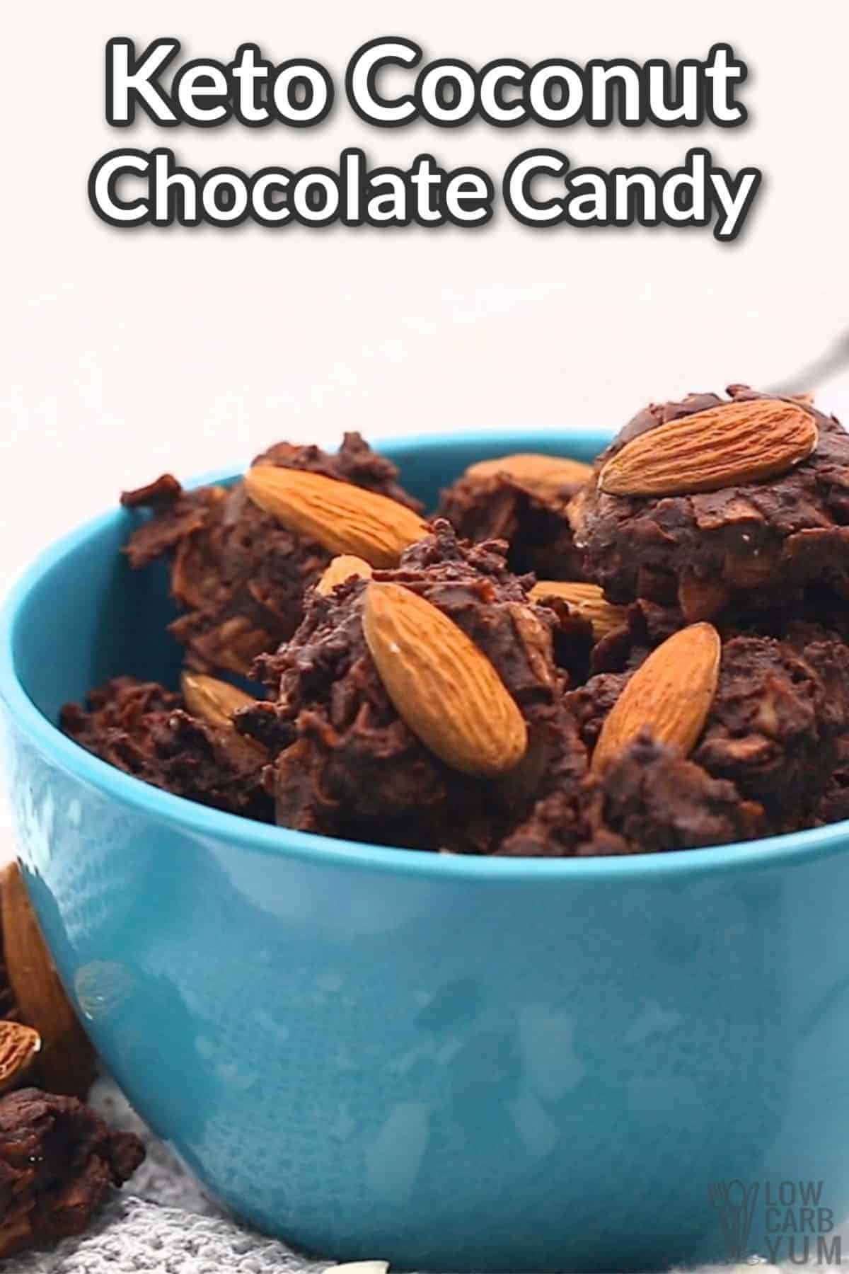 coconut chocolate candy in blue bowl. with text overlay.