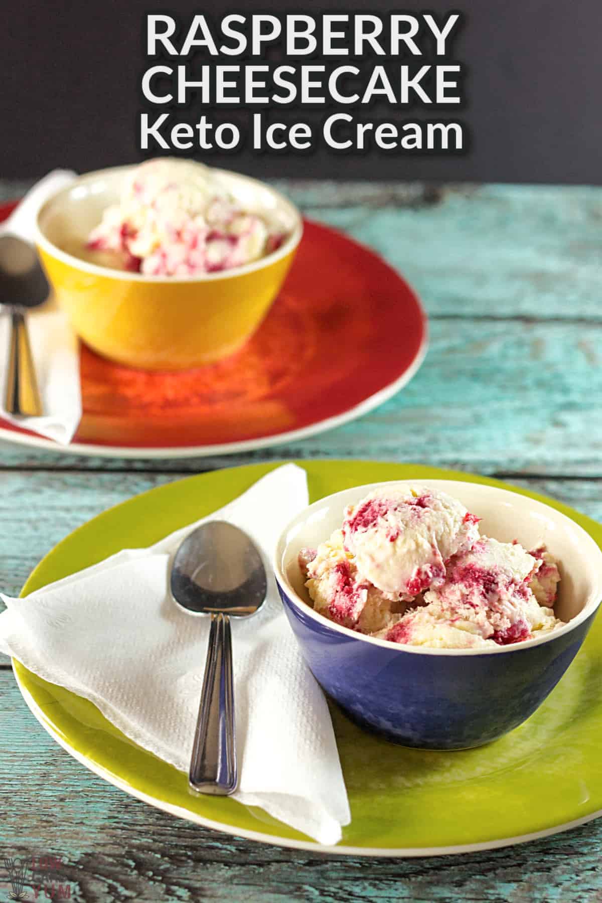 two small bowls of raspberry cheesecake ice cream with text overlay.