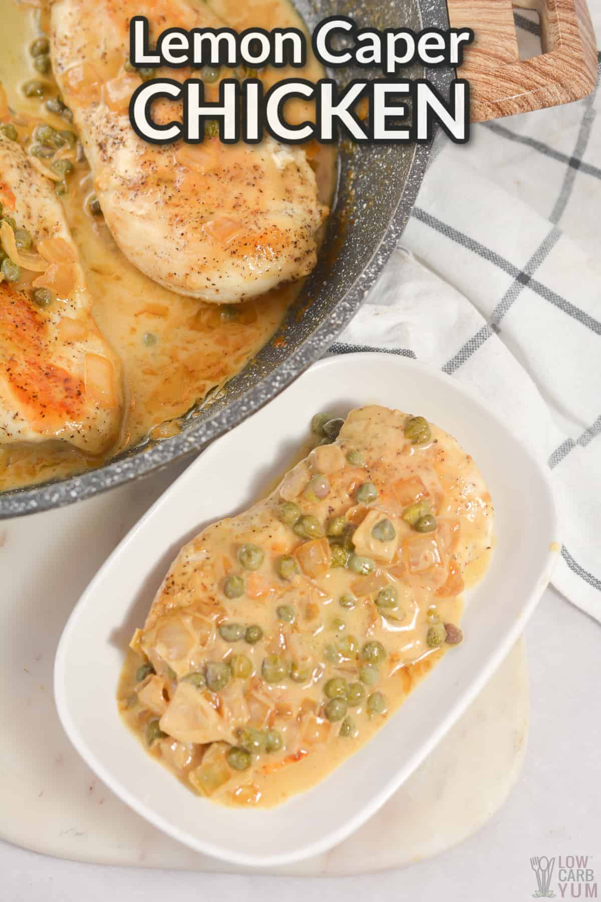 lemon caper chicken recipe with text overlay.