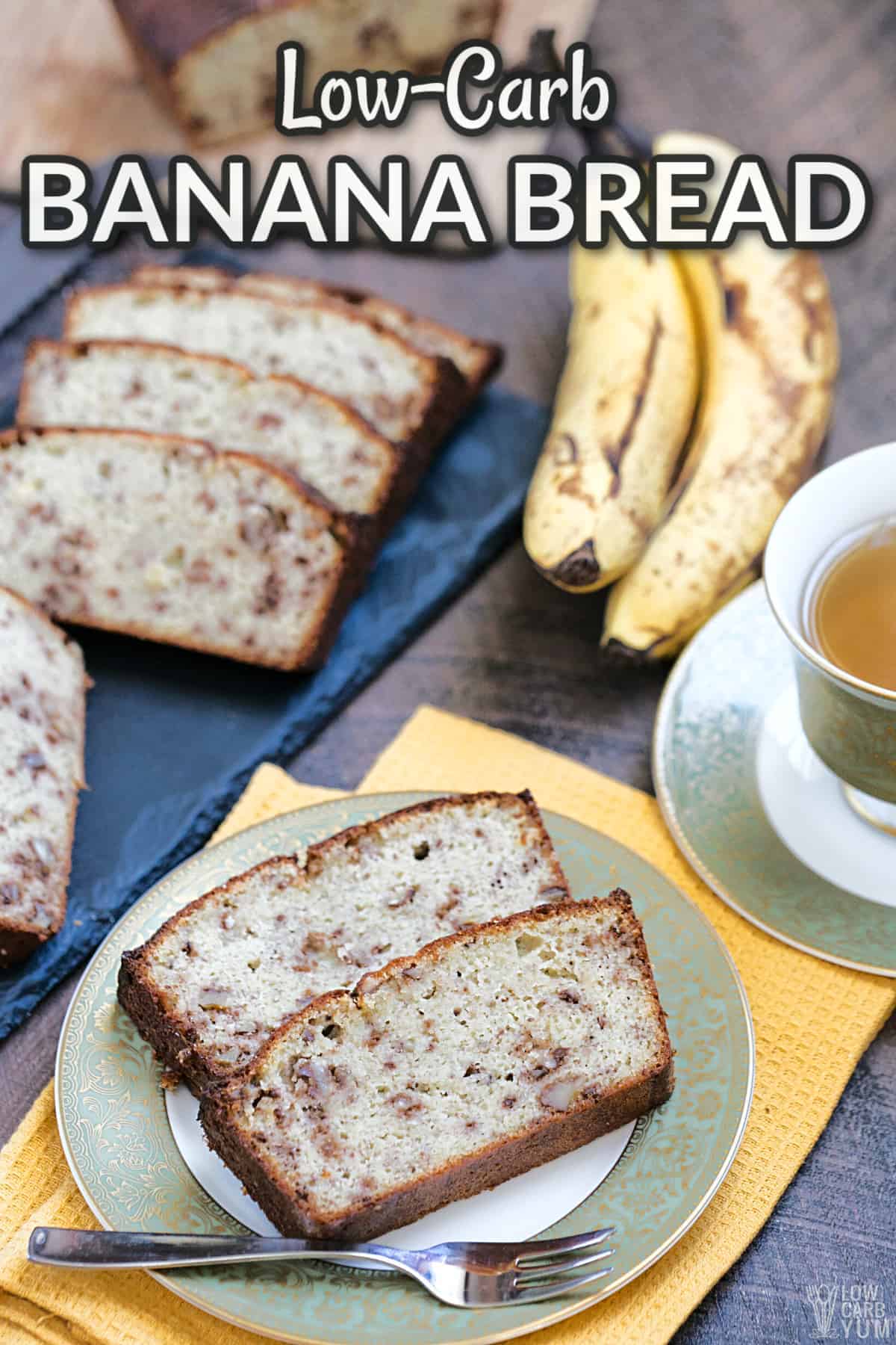 low carb banana bread with text overlay.