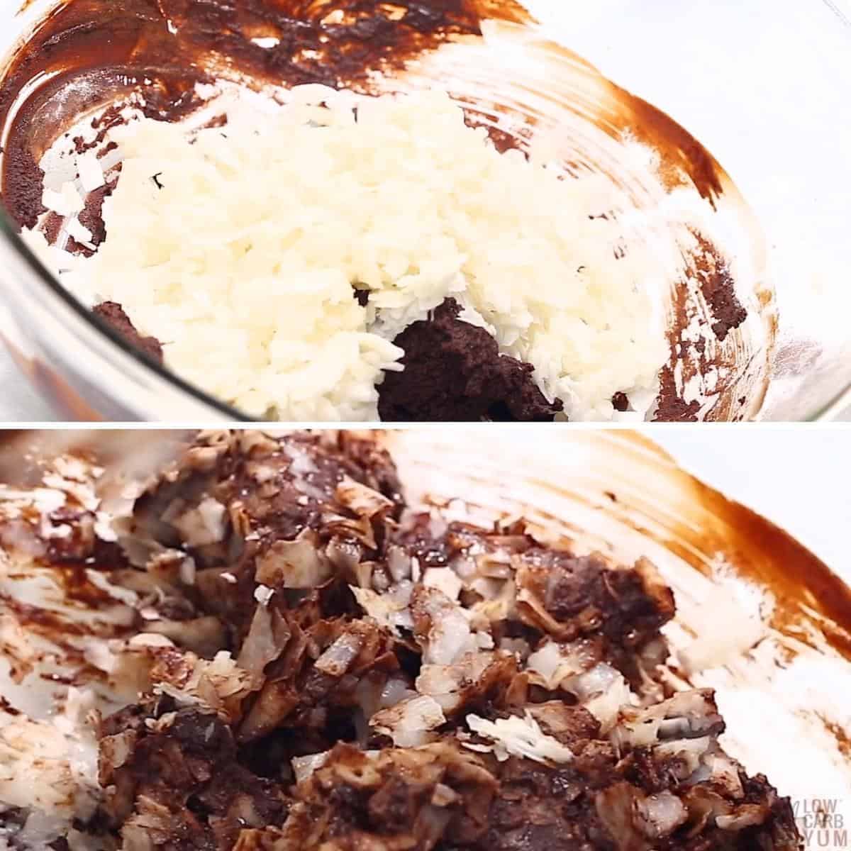 mixing coconut into melted chocolate.