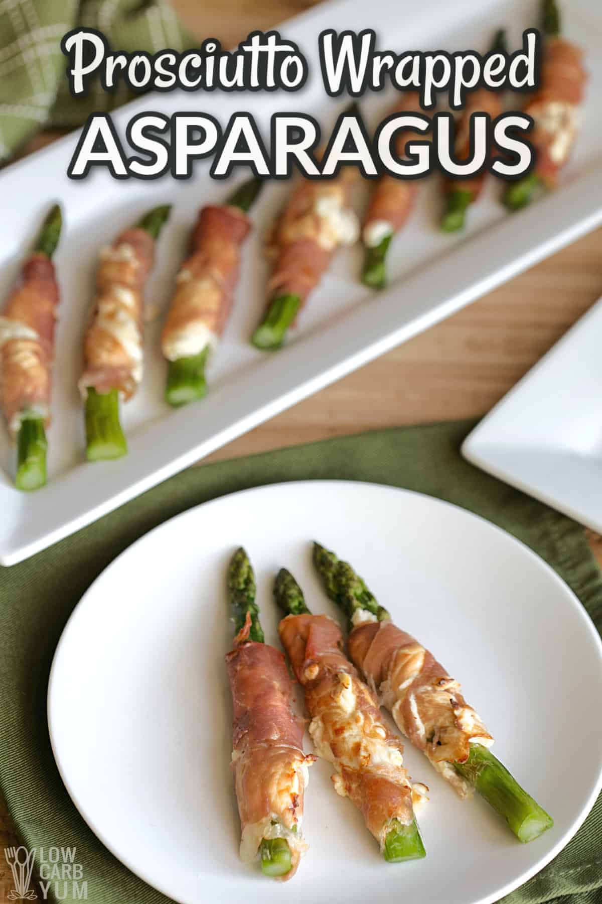 prosciutto wrapped asparagus with text overlay.