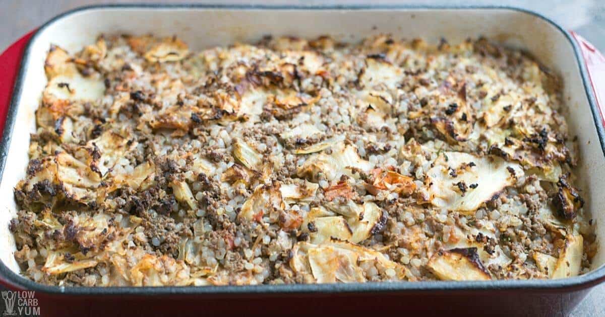 unstuffed cabbage rolls in baking pan.