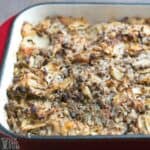 unstuffed cabbage rolls in baking pan.