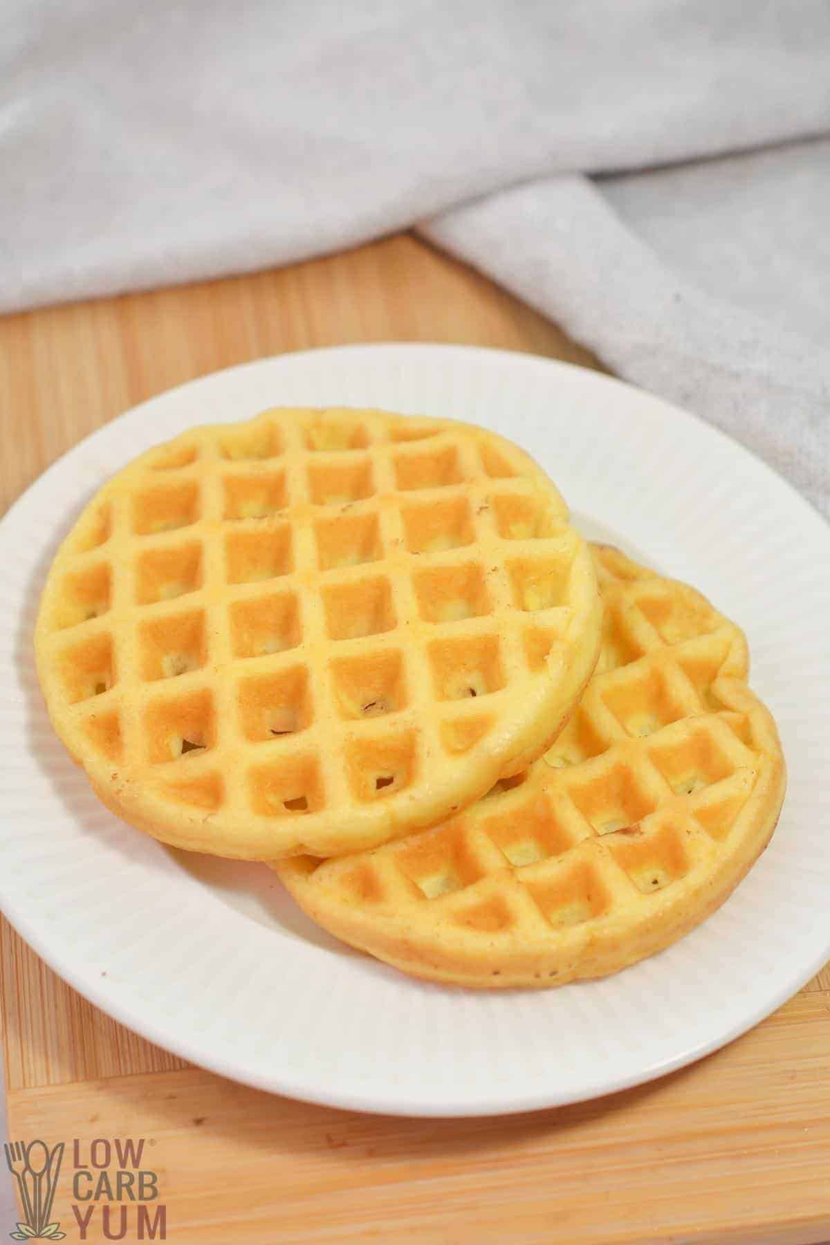 white bread chaffles on white plate.